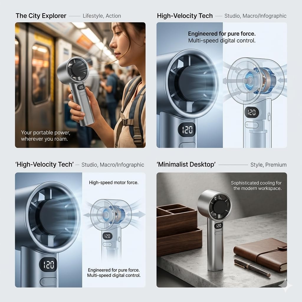 MERPHIN Rechargeable Mini Handheld Fan with LED Display & Type-C Charging