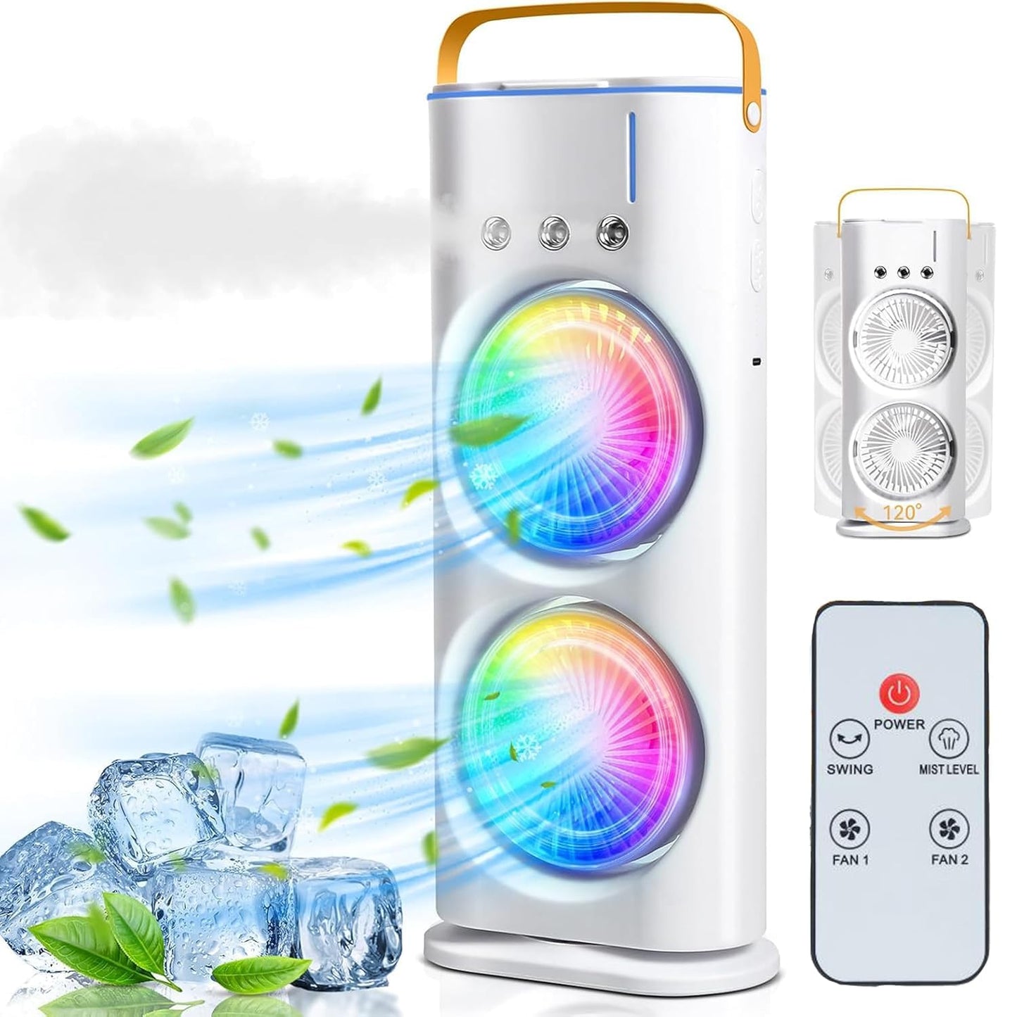 3500 mAH 10W Double Ended Spray Fan with 3 Level Cool Mist Feature USB Rechargeable Oscillating fan 280 Ml Ice & Water Filling Tank 5V Mini Cooler with Remote and Button Control