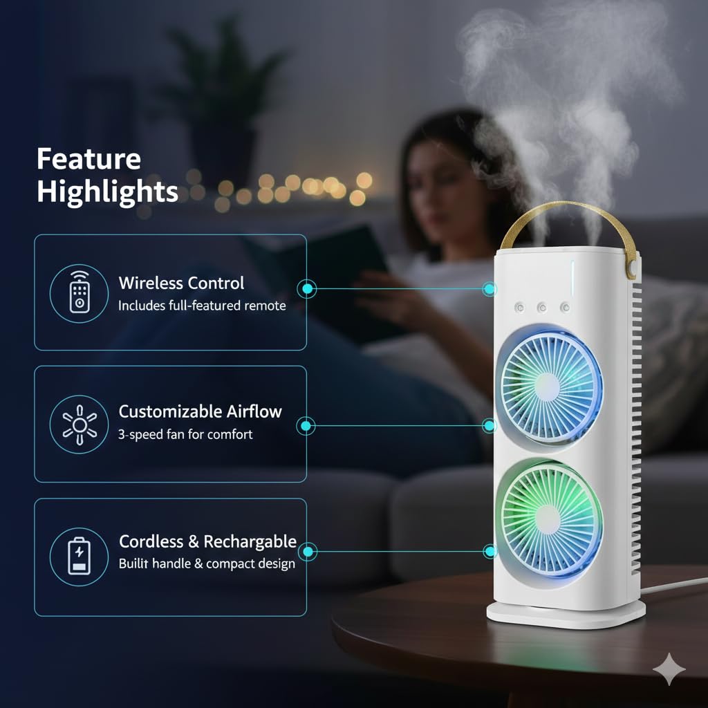 3500 mAH 10W Double Ended Spray Fan with 3 Level Cool Mist Feature USB Rechargeable Oscillating fan 280 Ml Ice & Water Filling Tank 5V Mini Cooler with Remote and Button Control